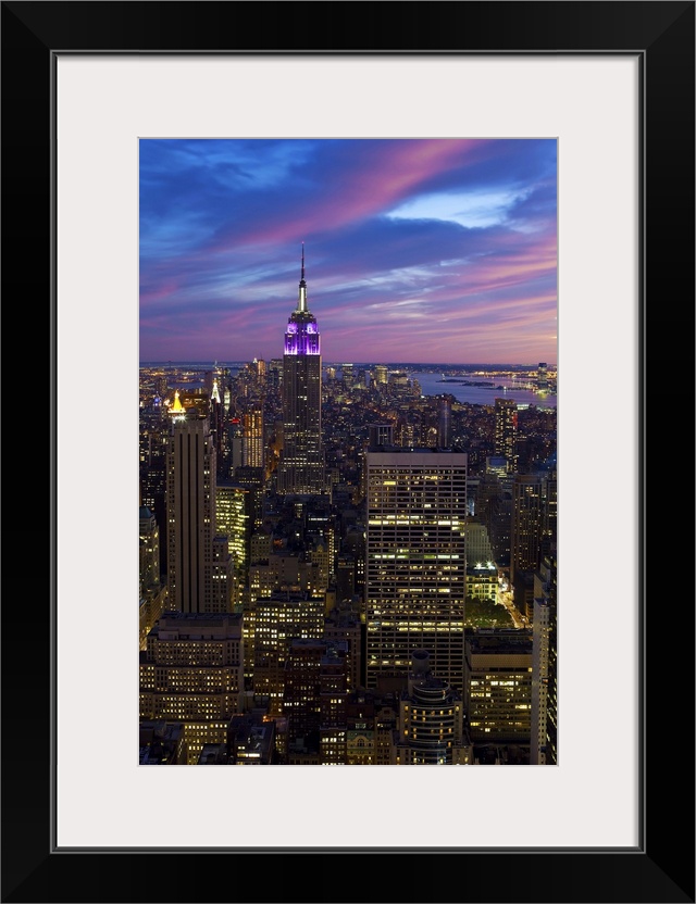 USA, New York City, Manhattan,  View towards Downtown Manhattan and the Empire State building from the viewing deck of the...