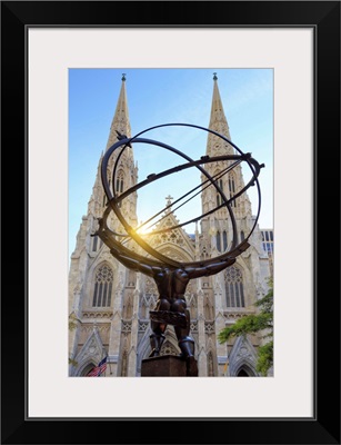 New York City, Manhattan, Rockefeller Center, Atlas Statue and St Patricks Cathedral