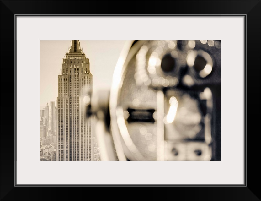 USA, New York, Manhattan, Midtown, Empire State Building from Top of The Rock, Rockefeller Center, Tourist Binoculars