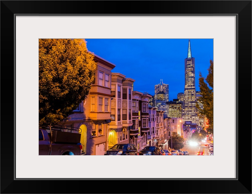 Night view of downtown skyline from North Beach district, San Francisco, California, USA