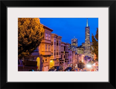 Night view of downtown skyline from North Beach district, San Francisco, California
