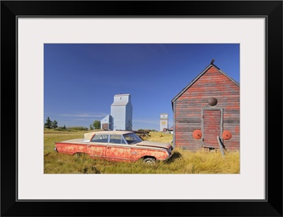 Old Car, Grain Elevator And Sheds, Darcy, Saskatchewan, Canada