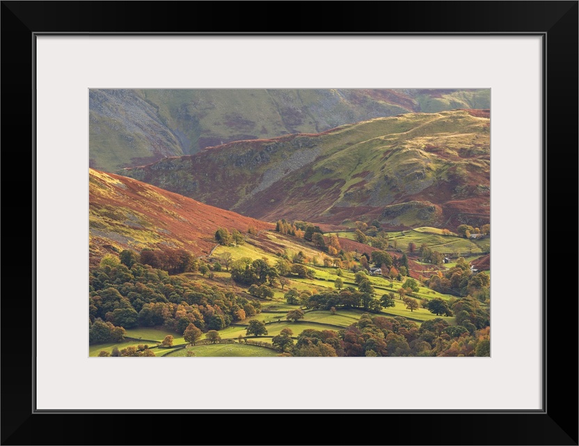 Rural farmland below Cumbrian mountains, Martindale, Lake District, Cumbria, England. Autumn (November) 2016