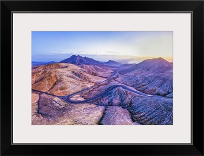 Spain, Canary Islands, Fuerteventura, Mountain Road Crossing The Volcanic Landscape