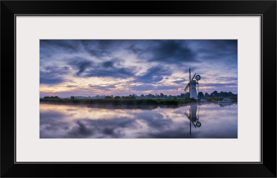 Thurne Mill & Clouds Reflecting in River Thurne, Norfolk Broads, Norfolk, England