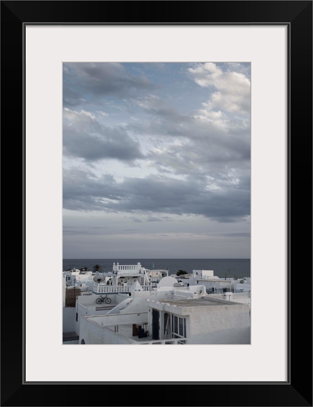 Tunisia, Cap Bon, Hammamet, Medina buildings, elevated view, dusk