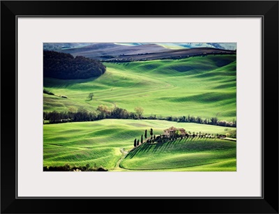 Tuscany, spring landscape, rolling hills at sunset, Val d'Orcia, Italy