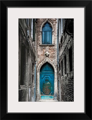 Venice, Veneto, Italy. Blue Moorish Door In A Narrow Street.