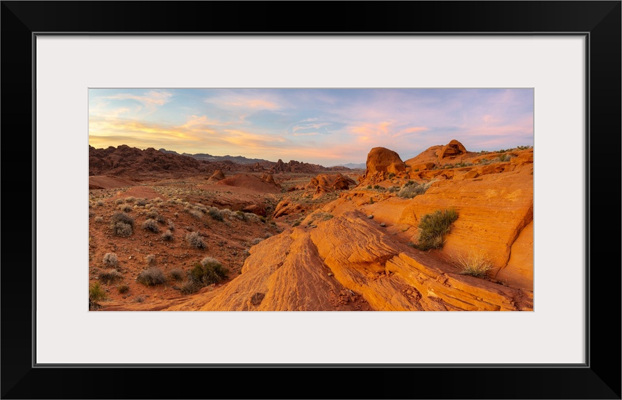 Panoramic view of red rocks at White Domes area before sunset, Valley of Fire State Park, Nevada, Western United States, USA