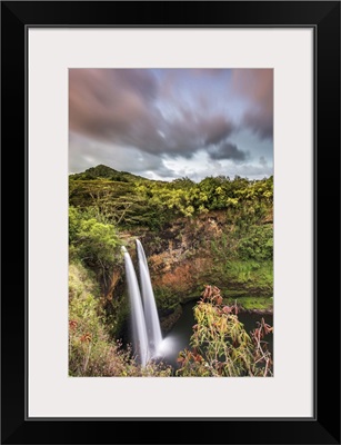 Wailua waterfalls at sunset seen from the lookout, Hawaii