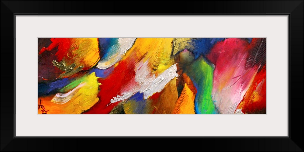 Panoramic abstract art focuses on diagonal lines of movement that are filled with intense colors and rough textures.