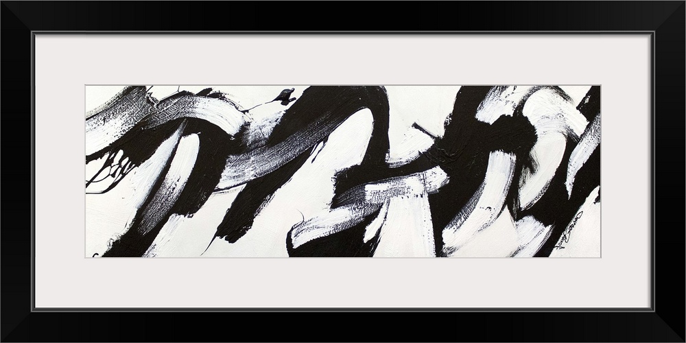 Contemporary abstract painting of bold black strokes of paint in fluid movements against a white background.