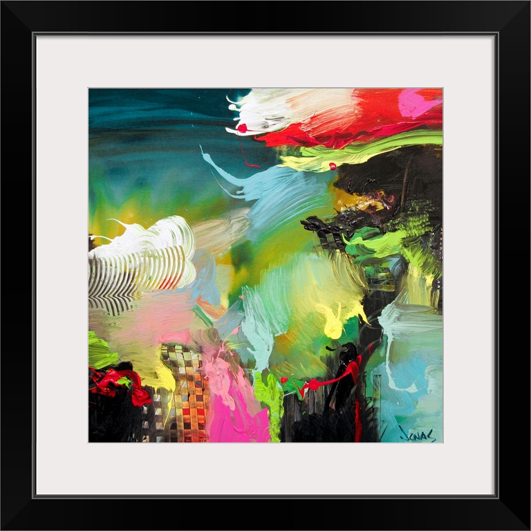 This square abstract artwork was created by a contemporary artist and uses a variety of brushstrokes and textures to creat...