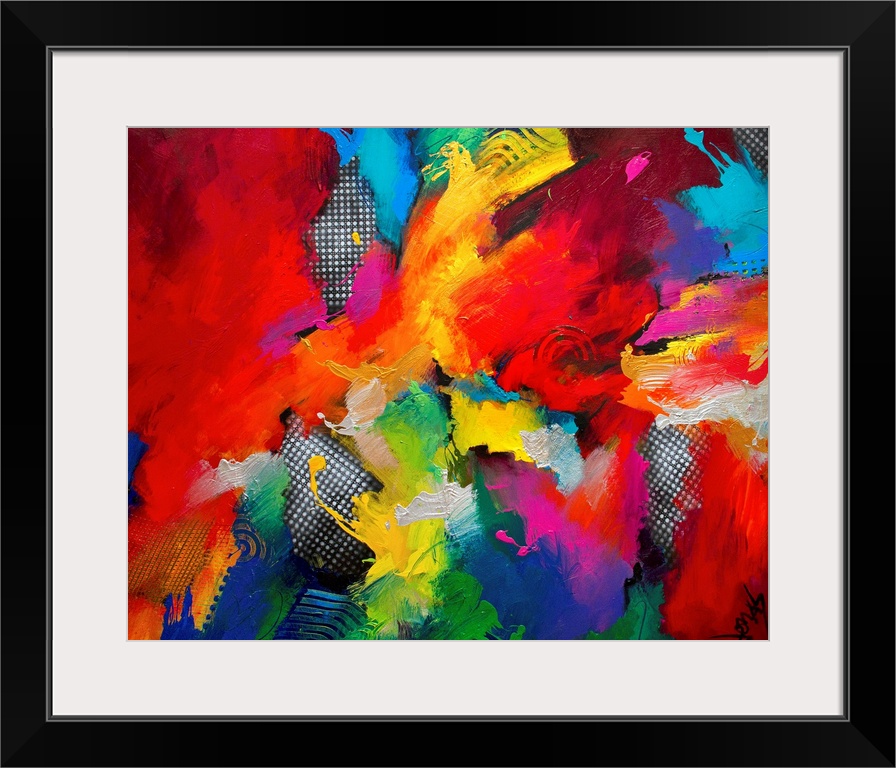 Large abstract art incorporates jagged patches of vibrant colors with a few patterned sections of evenly spaced circles la...