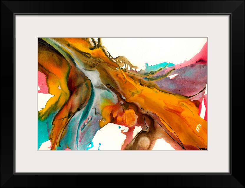 A horizontal abstract painting of torrent of colors splattering on a canvas.