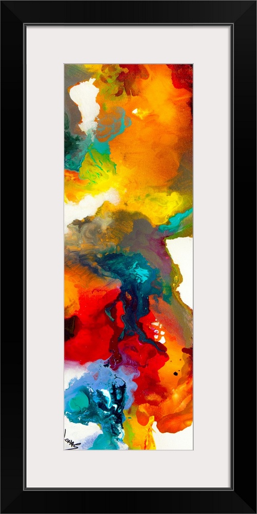 This is a narrow vertical panoramic shaped painting of a vivid blend of wet paints creating a swirling energy on the surfa...