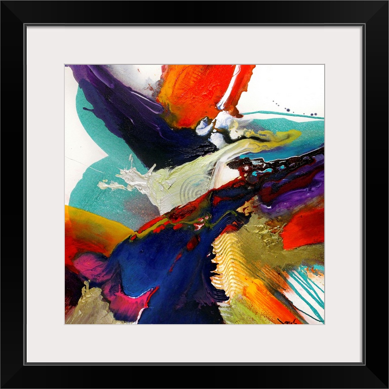 This highly energetic square wall art was created by layering splattered paint to create this contemporary abstract painting.