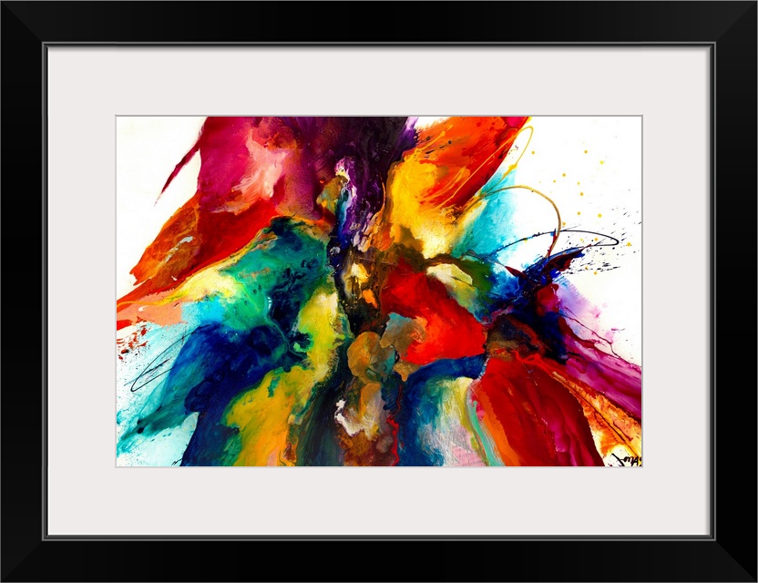 Intense explosion of abstract paint splatters and bleeding colors. This contemporary art work has a strong centered compos...