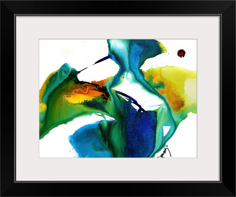 A contemporary painting with abstract style the image is a splattering of cool temperature hues on a blank canvas.