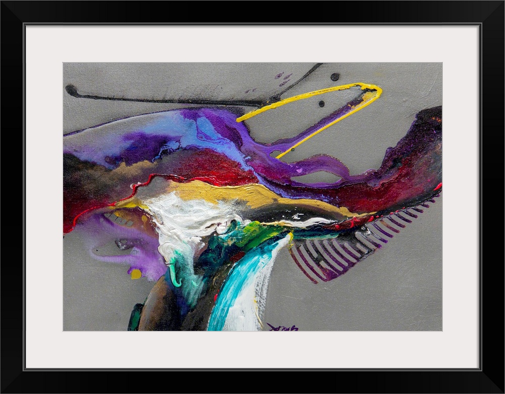 Abstract modern art featuring colored thick and thin line streaks on a neutral background.