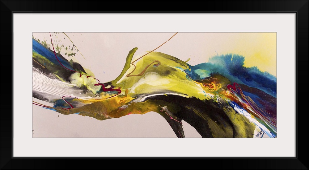 Contemporary abstract painting using vibrant colors converging toward the center of the image in a fluid motion.