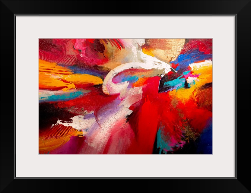 An energetic abstract painting made with thick paint textures and broad brush strokes.