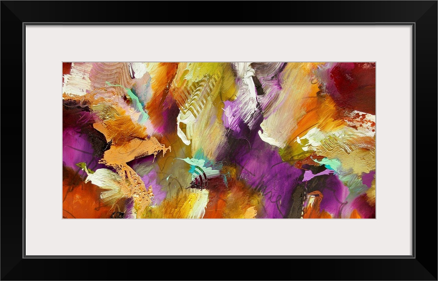 Big abstract art incorporates patches of warm colors that sit next to each other.  On a few sections of this piece there a...
