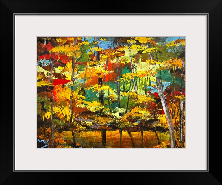 A contemporary painting of a forest scene using vibrant colors of autumn.