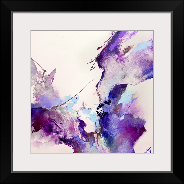 Contemporary abstract painting using vibrant purple and gold tones converging toward the center of the image in a range te...