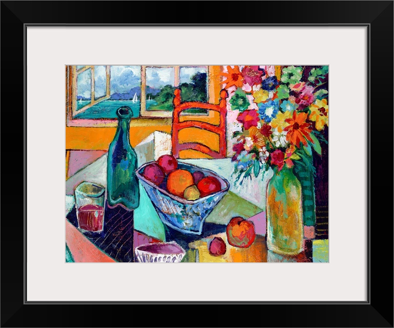 Contemporary art painting of a table with fruit, flowers and wine next to an open window overlooking a sailboat on the water.
