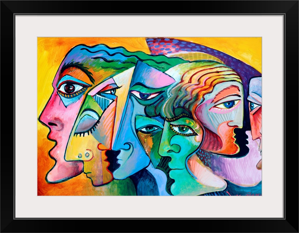 Contemporary painting of the profiles of several figurative inspired faces.