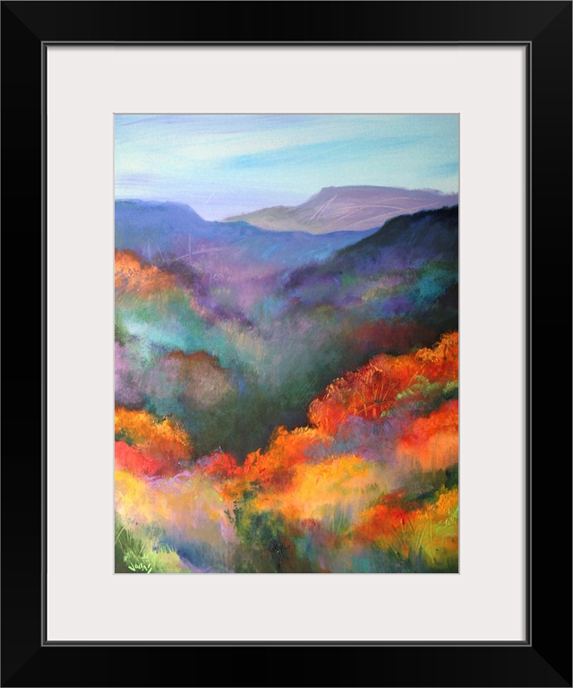 Tall canvas painting of brightly colored trees with mountains in the distance.