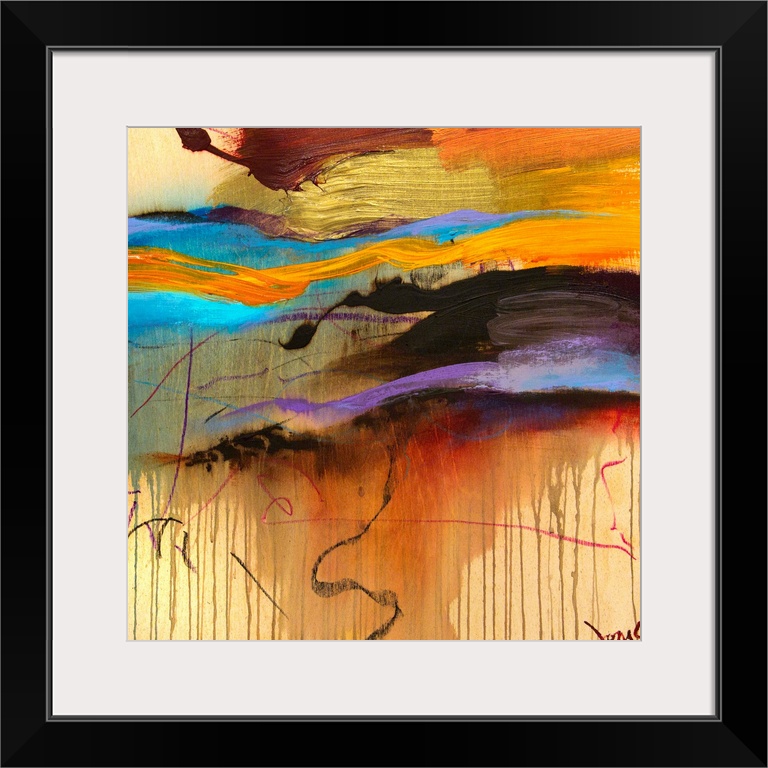 Giant, square contemporary art of large, thick brush strokes in a variety of colors that extend horizontally across the to...