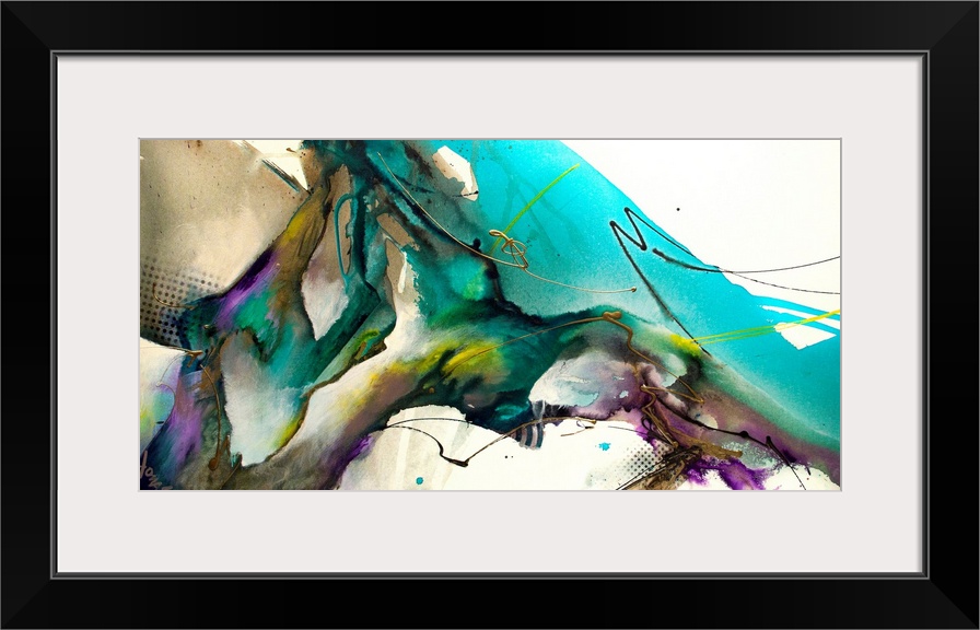 Contemporary artwork of abstract bright colors, including teal hues against an off-white background.