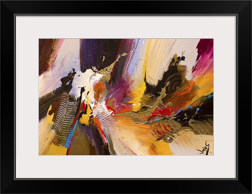 A contemporary abstract painting using a wide spectrum of colors ranging from earthy to neon converging together to create...