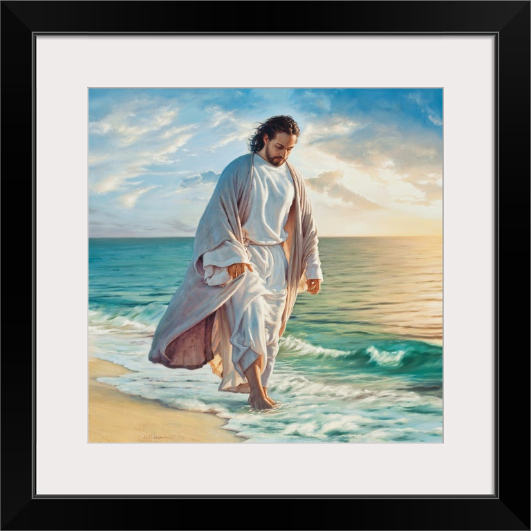 Fine Art painting of Jesus walking in the edge of the surf on a beach.