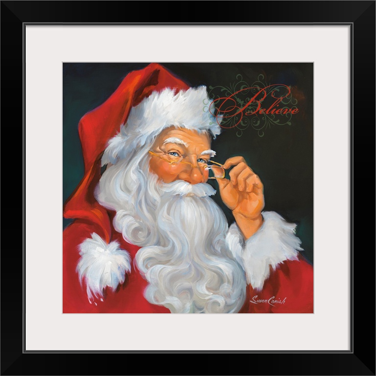 Fine art painting of Santa Claus in a red suit with the word "Believe"  above his head.