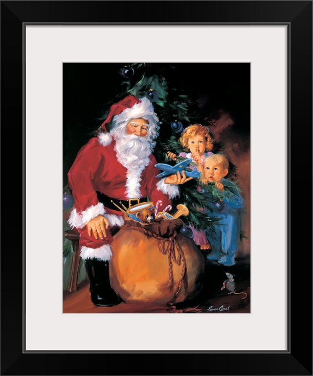 Painting of Santa handing out toys to two children.