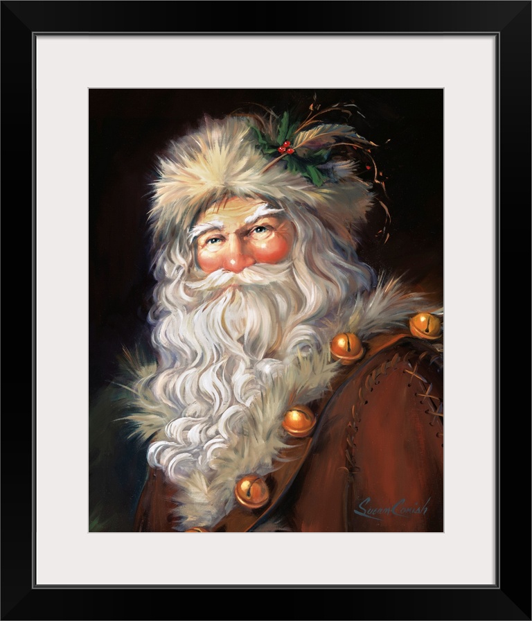 Fine art painting of Santa Claus wearing a fur hat and jacket.