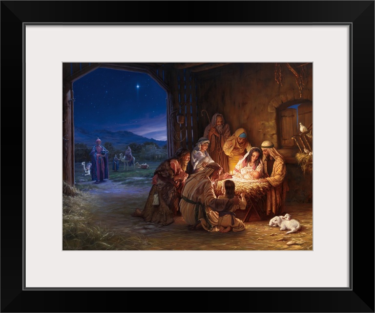 Religious painting featuring the nativity scene as shepherds gather around the baby Jesus and the...