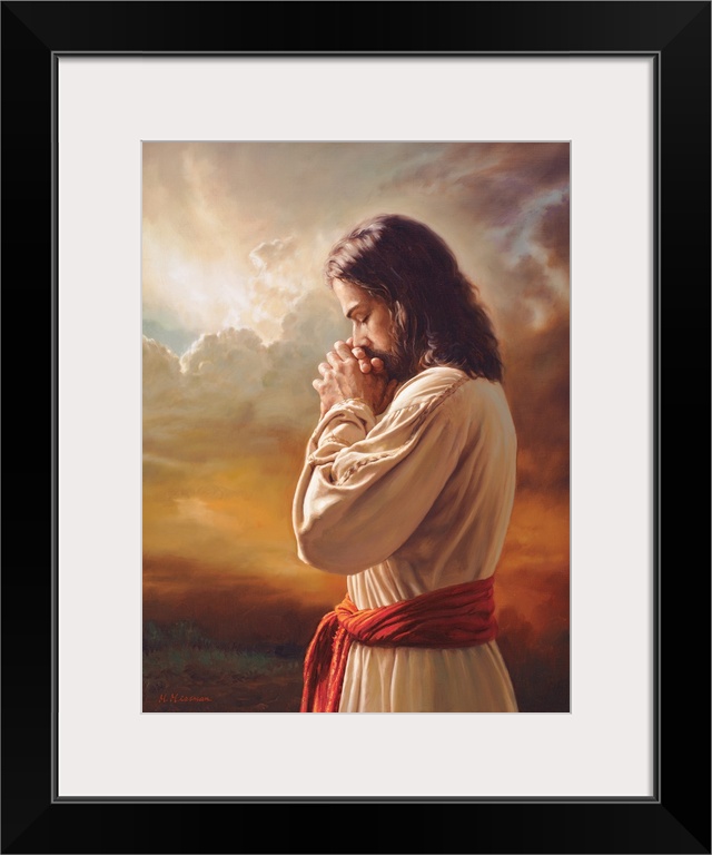 Fine art painting of Jesus praying in front of a sunset while wearing a red belt.