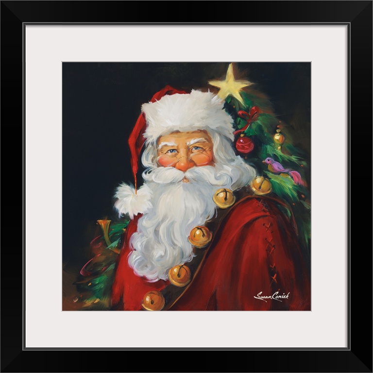 Portrait of Santa with a tree in the background.