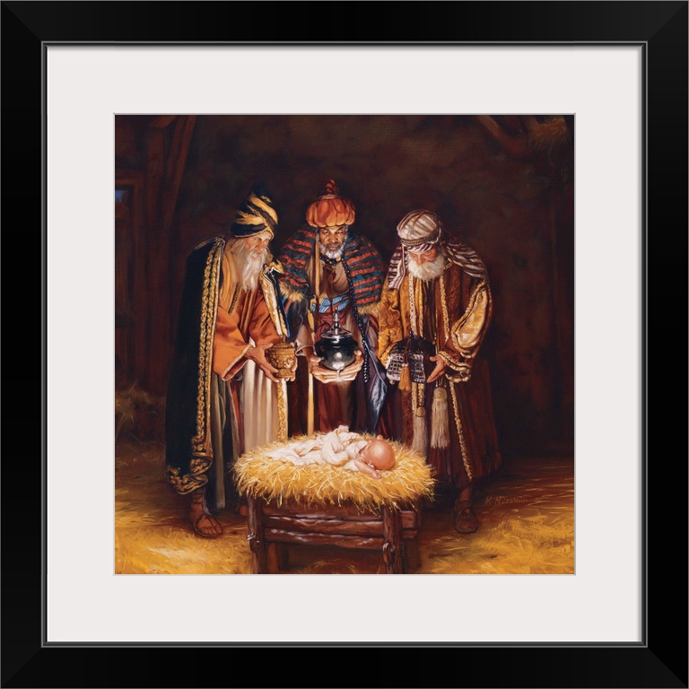 Religious art of three wise men bringing baby Jesus gifts.