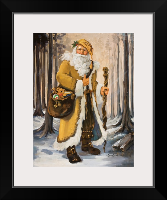 Painting of Santa in a yellow suit walking through the woods.