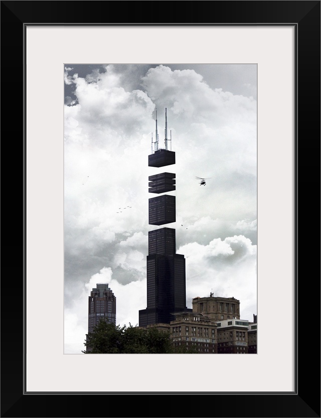 Large contemporary art includes a photograph of a landmark skyscraper in Chicago, Illinois that has been split into separa...