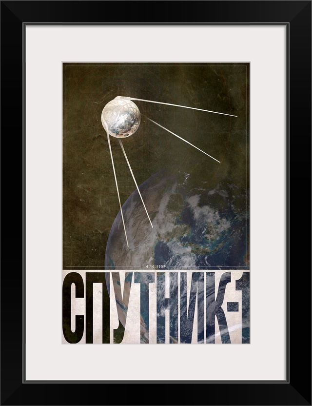 This vertical poster shows the satellite orbiting above the Earth with its name written in Russian below.