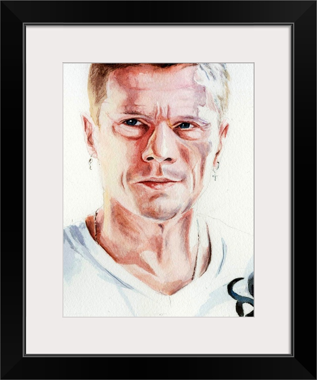 Watercolor portrait of 360-era Larry Mullen. 1 of 4.