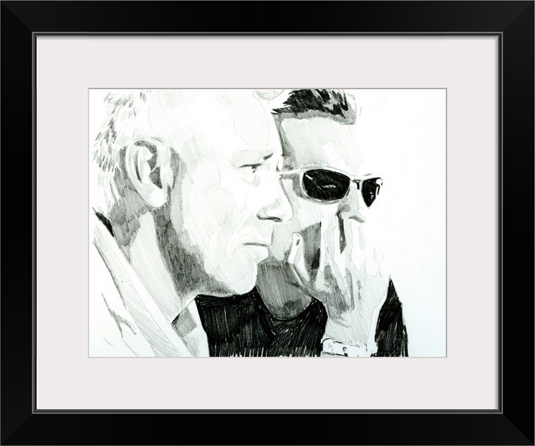 Adam Clayton and Larry Mullen in a high-contrast drawing.