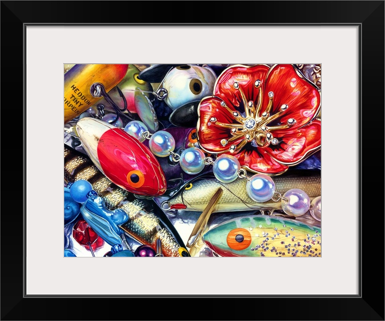 A watercolor painting of fishing lures and jewelry.
