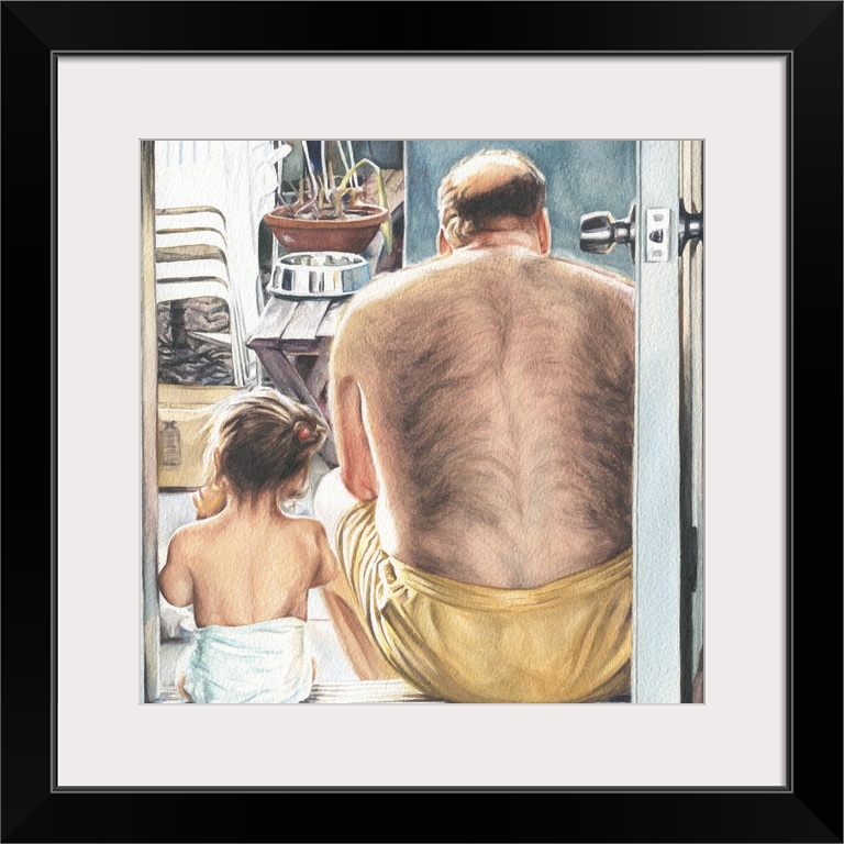 Watercolor portrait of a father and daughter sitting in a doorway.